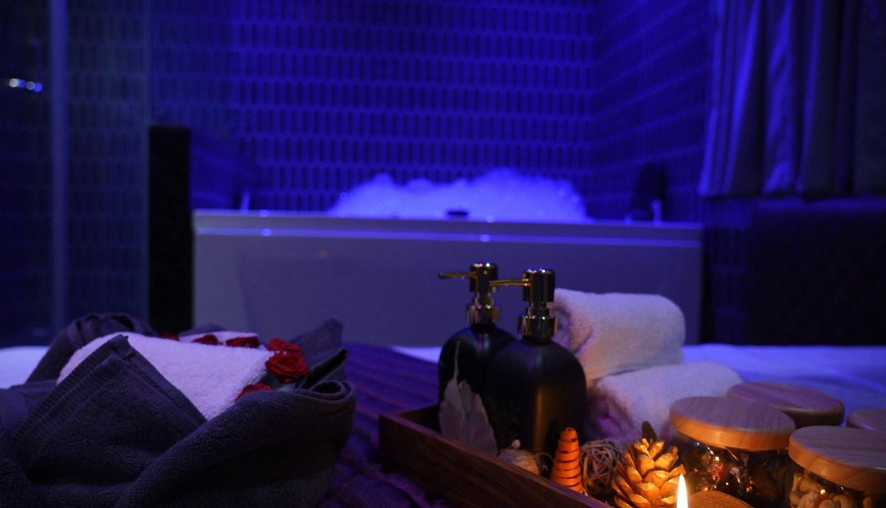 Spa tray with jacuzzi in background